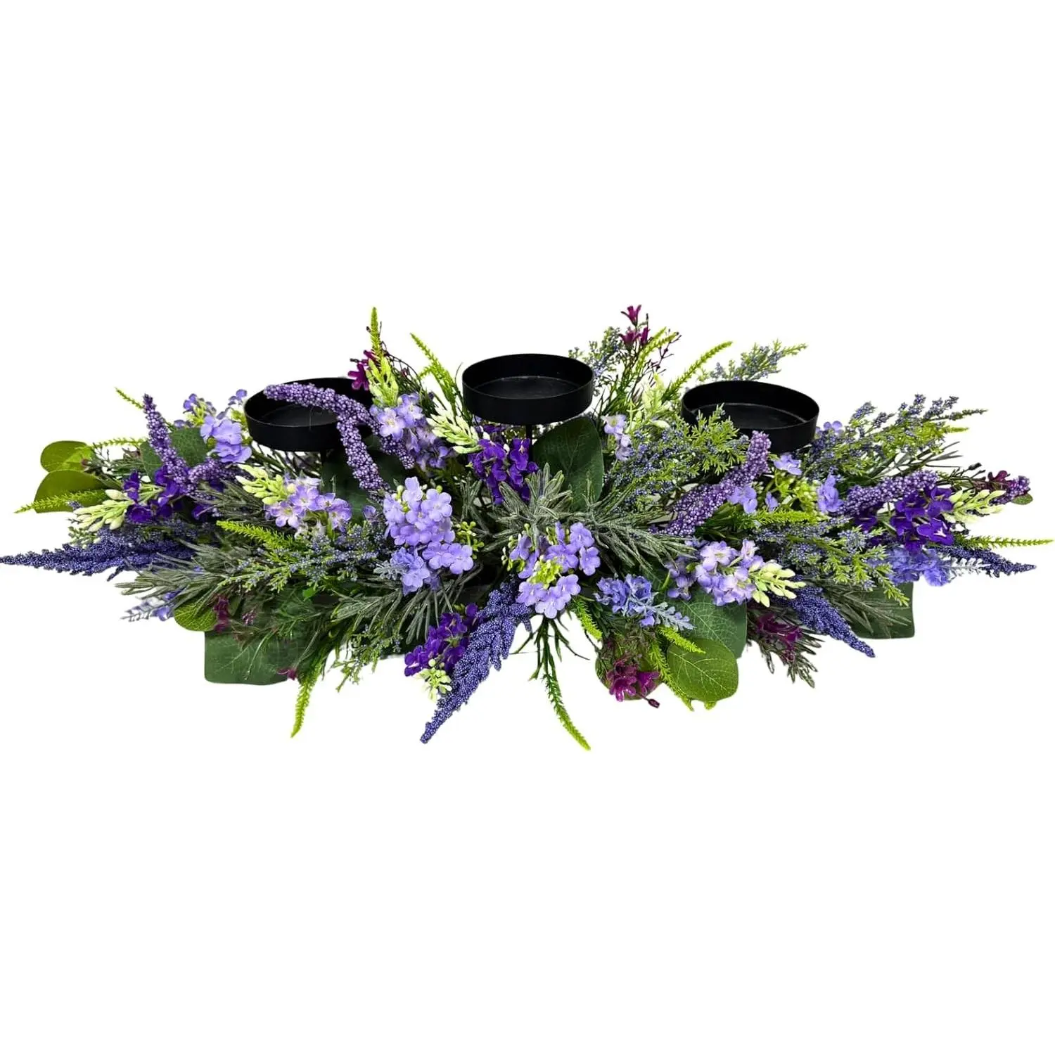 26 Inch Farmhouse Lavender Candle Holder Centerpiece, Rustic Floral Table Decor with 3 Holders for Pillar Candles with Delphinium and Wildflower for Dinning Table Mantel
