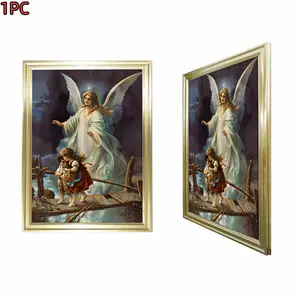 1pc Framed Gold Frame Religious Art Christian Style Angel And Child On Bridge Canvas Art Print For Living Room Bedroom Church Decor With Gold Frame