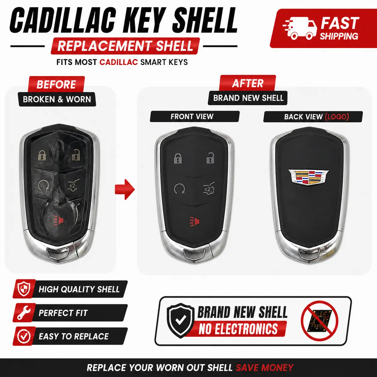 Key Fob Remote Shell Case Replacement for Cadillac SRX XTS HYQ2AB HYQ2EB
