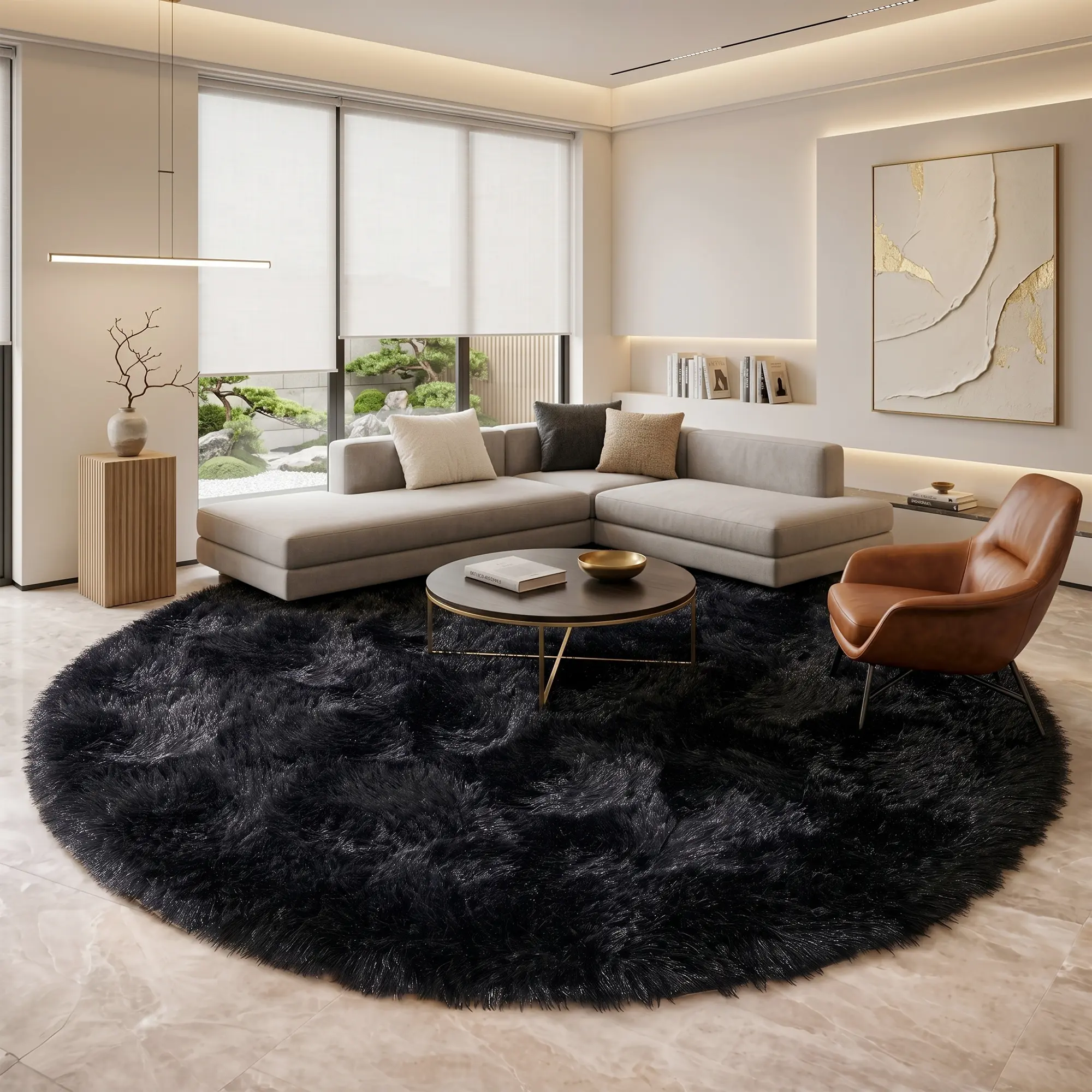 BOOPBEEP Round Plush Soft Fluffy Black Rug, Indoor Rug for Living Room, Rugs For Bedroom, Game Room, Dorm, Sofa, Home Decor, Carpet For Room Decor, bedroom acesories, Study And Entertainment Area, Creates Cozy Ambiance, fuze rug