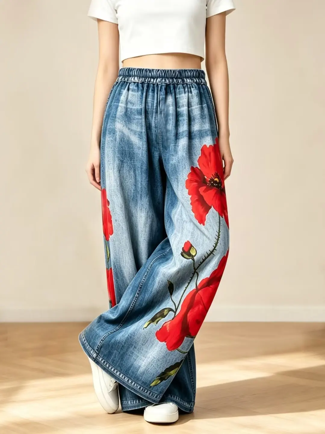 Faux Denim Wide Leg Pants NOT Real Jeans, Lightweight Breathable Stretch Fabric, Vintage Red Floral Print Elastic High Waist Loose Floor-Length Casual Trousers, Baggy, Straight, Oversized, Beach