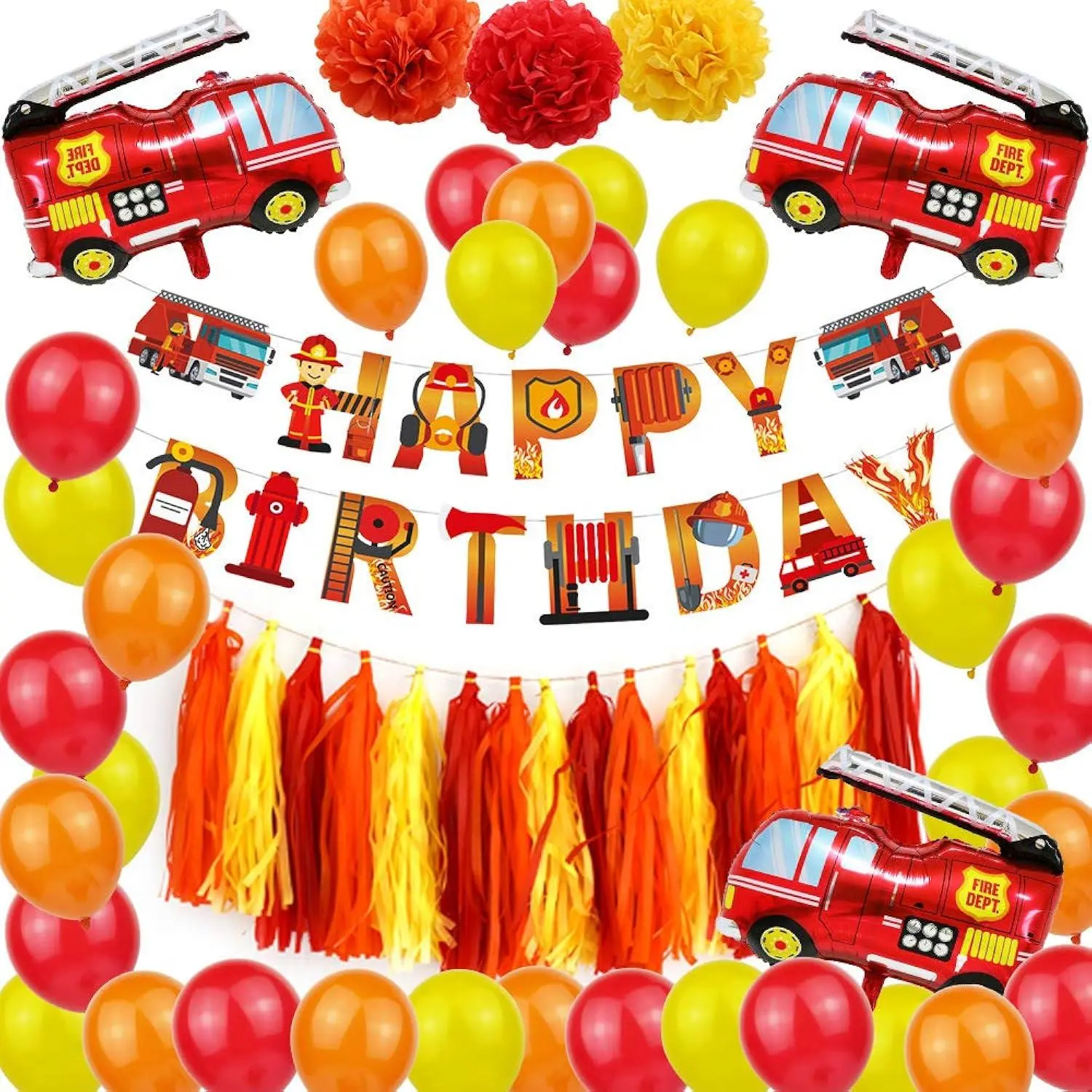 Fire Truck Party Supplies - Fireman Happy Birthday Banner, Paper Pom Pom Tissue Tassels, Firefighter Birthday Balloon, Fire Truck Birthday Party Decorations