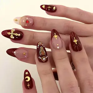 Medium Almond Press on Nails - Gold Cross Designs
