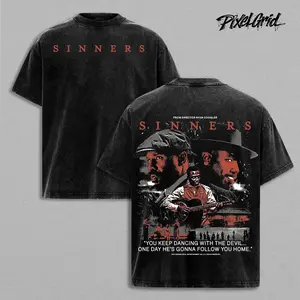 Sinners movie acid wash 2 Sided cotton Tshirt unisex neck graphic t-shirts horror movie Menswear Streetwear 90s graphic tees