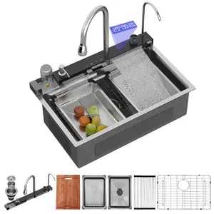 Lordear 30"x19" LED Digital Display Waterfall Workstation Kitchen Sink 16 Gauge Stainless Steel Single Bowl Drop In with Accessories Faucet