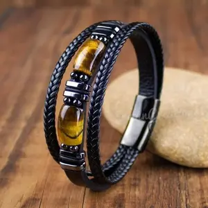 Men's Natural Brown Tiger Eye Stone Handcrafted Braided Leather Multilayer Bracelet Magnetic Clasp Bangle Father's Day Gifts