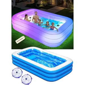 Inflatable Pool for Adults & Kids, 110" Large Family Blow Up Swimming Pool with LED Pool Lights & Built-In Seat, Thickened Durable Backyard Outdoor Inflatable Kiddie Pool for Summer Garden Water Fun