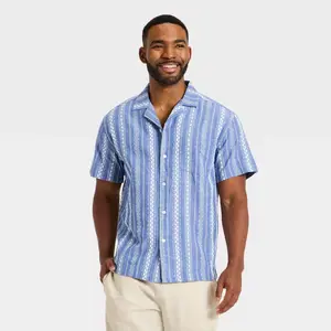 Men's Short Sleeve Novelty Camp Shirt - Goodfellow & Co Blue Striped M