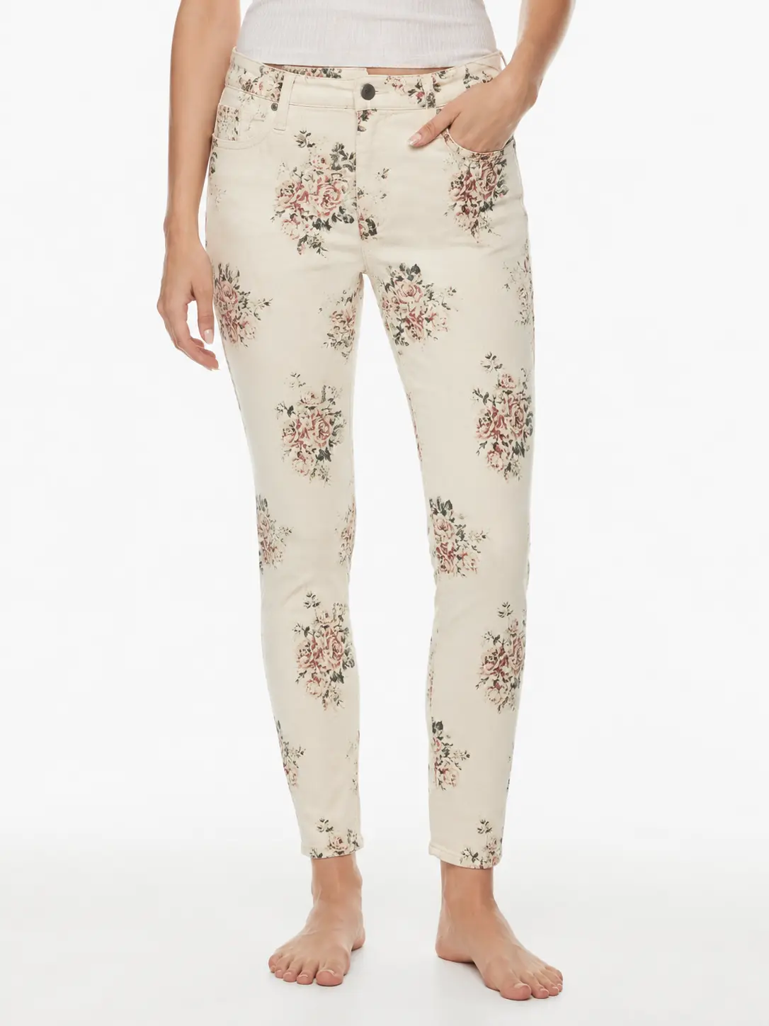 Floral Print Skinny Jeans – Cream Base with Pastel Blooms