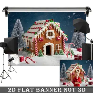 2D Flat Banner, 1pc Large Gingerbread House Christmas Backdrop Banner - Extra Wide Red & White Winter Wonderland Scene with Candy Canes, Presents - Heavy-Duty Polyester Fabric Indoor/Outdoor Decoration for Photo Booths, Parties, Home, Seasonal Decor