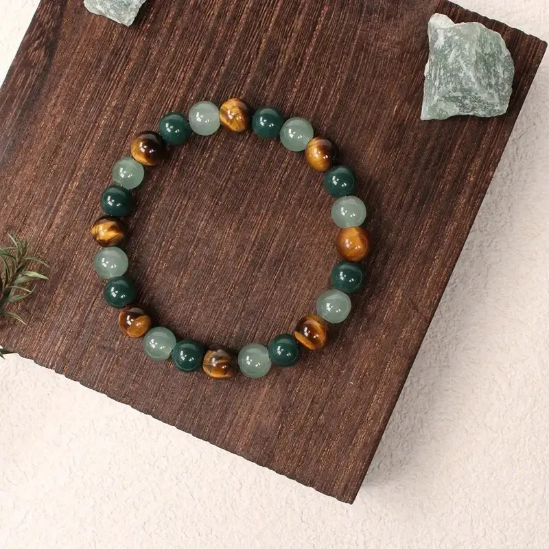 Green Aventurine, Moss Agate and Tiger's Eye Bracelet, Stretch Bracelet, Genuine Crystal Bracelet, Beaded Elastic Bracelet  Luck Bracelet Bracelet Gifts for Women Men Wealth Attraction Spiritual Jewelry Luck, Courage, Money