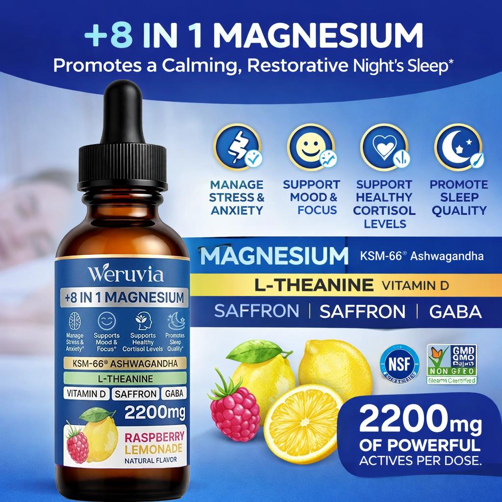 Magnesium Drops 2200mg + Ashwagandha & L-Theanine | Raspberry Lemon Flavor | Daily Wellness Support  2（+