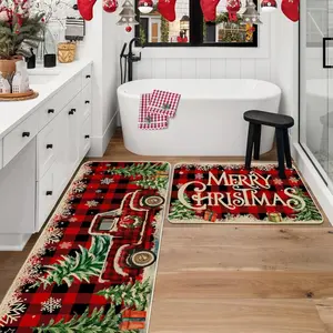 Farmhouse Christmas Kitchen Mat Set Non Slip Holiday Floor Mats Cozy Buffalo Check Rug for Bathroom Home Decor Interior Xmas Decorations Washable Reversible