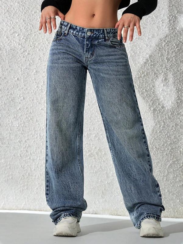 Flvsun-Women Y2k Low Rise Baggy Jeans Loose Fit Boyfriend Straight Wide Leg Jeans Trendy Stretch Long Denim Pants