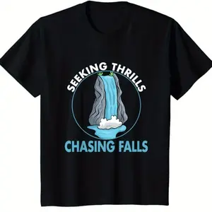 Men's 'Seeking Thrill, Chasing Waterfalls' Waterfall Pattern Cotton T-Shirt - Short Sleeve, Crew Neck | Casual Outdoor Adventure Shirt | Black with Blue Print, 200g, Very Suitable for Travel, Fitness, and Casual Wear, Fitness Clothing | Adventure themed