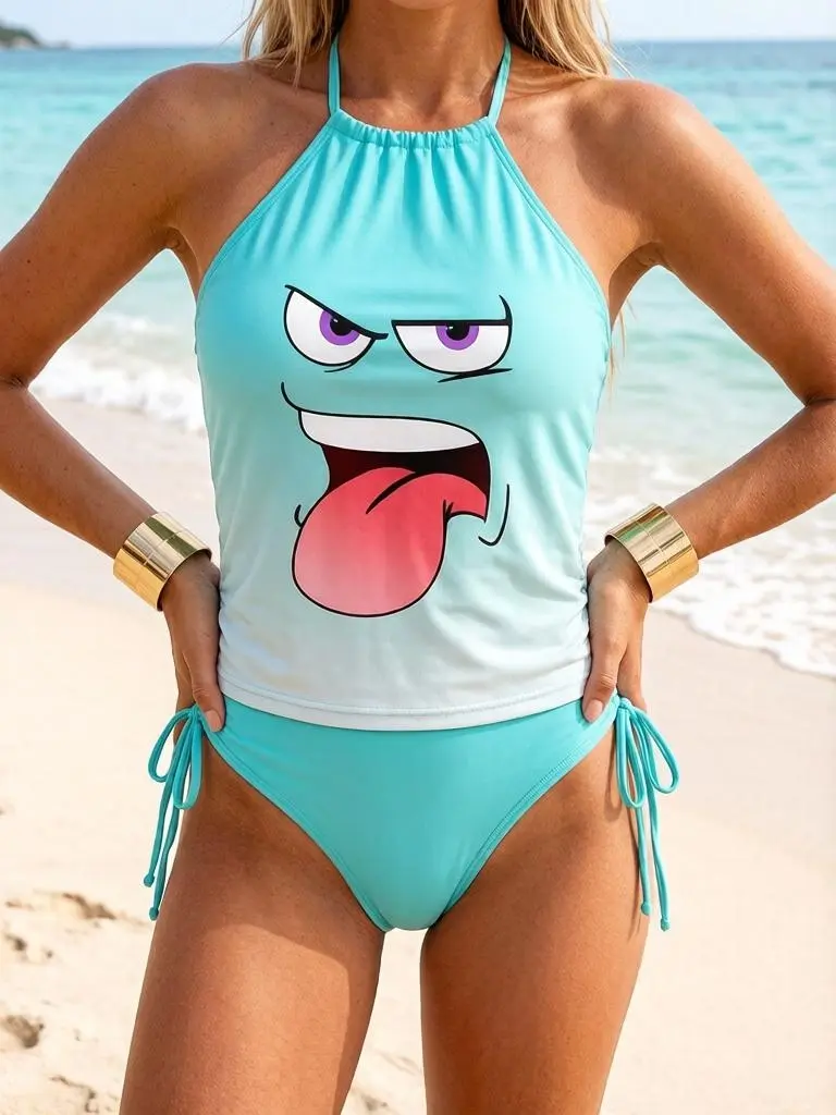 Viral TikTok Funny Trend Women’s 2 Piece Tankini Bikini Set Cyan Ombre Halter Self Tie Neck Side Adjustable Ruched Top Angry Tongue Out Cartoon Face Graphic Print High Cut Cheeky Bottom Stretch Tropic