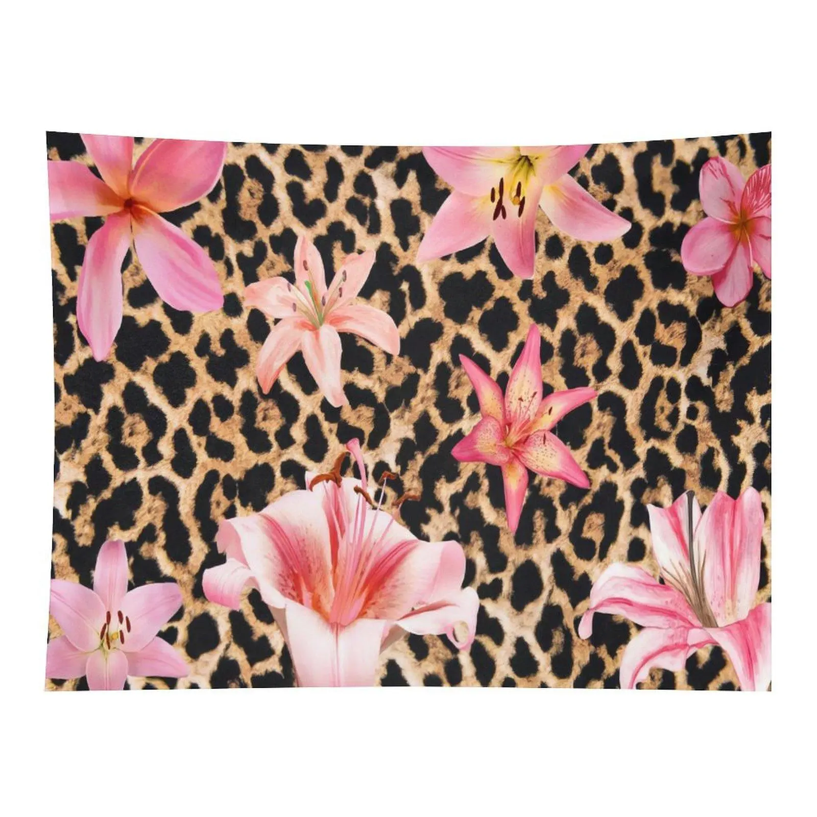 Classic Leopard Print Large Pink Lily Flower Seamless Wall Tapestry Wall Hanging, Wild Tropical Floral Animal Print Trendy Decor for Teen Bedroom Dorm Coquette Party Backdrop
