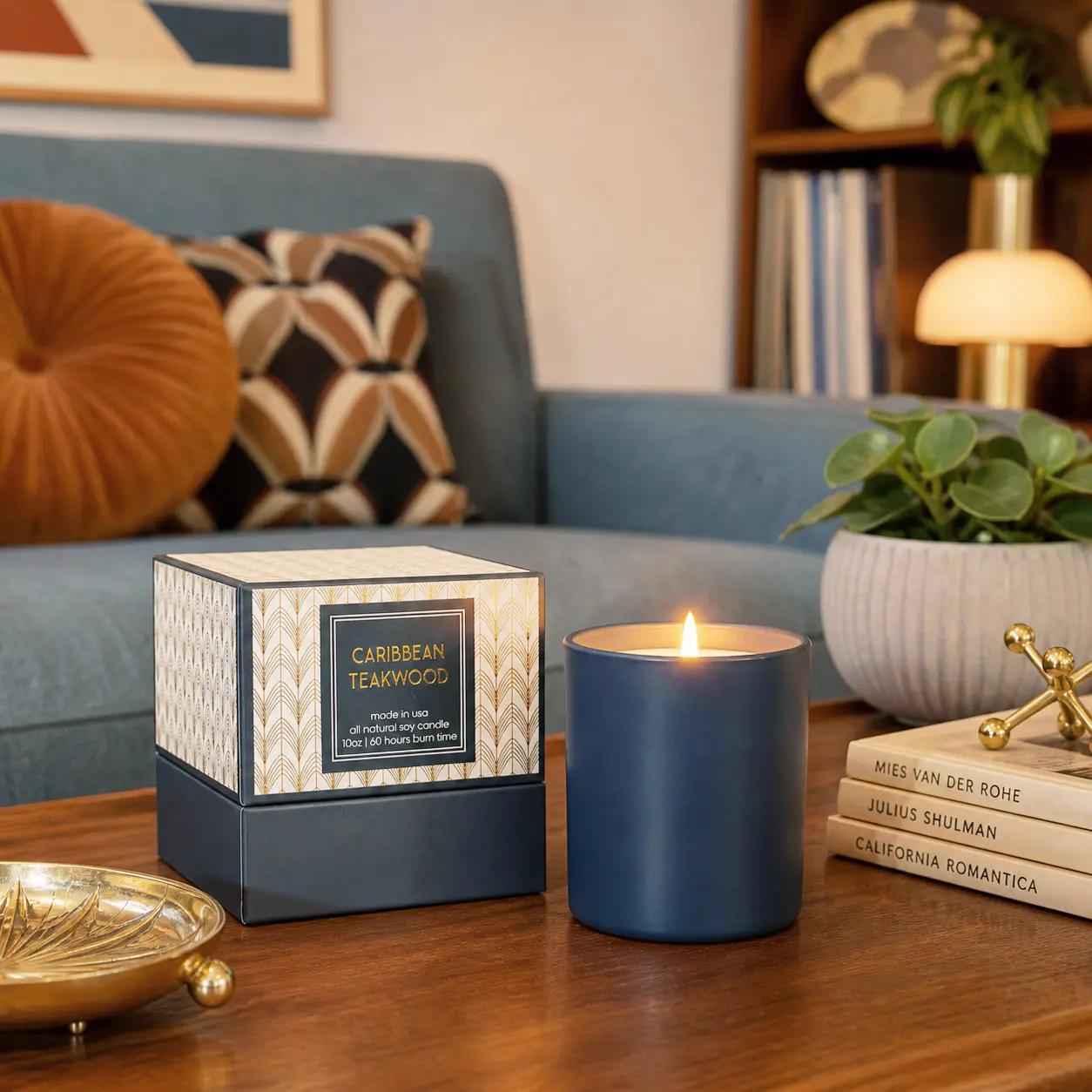 Blue Caribbean Teakwood Mid Century Gold Foil Boxed Candle