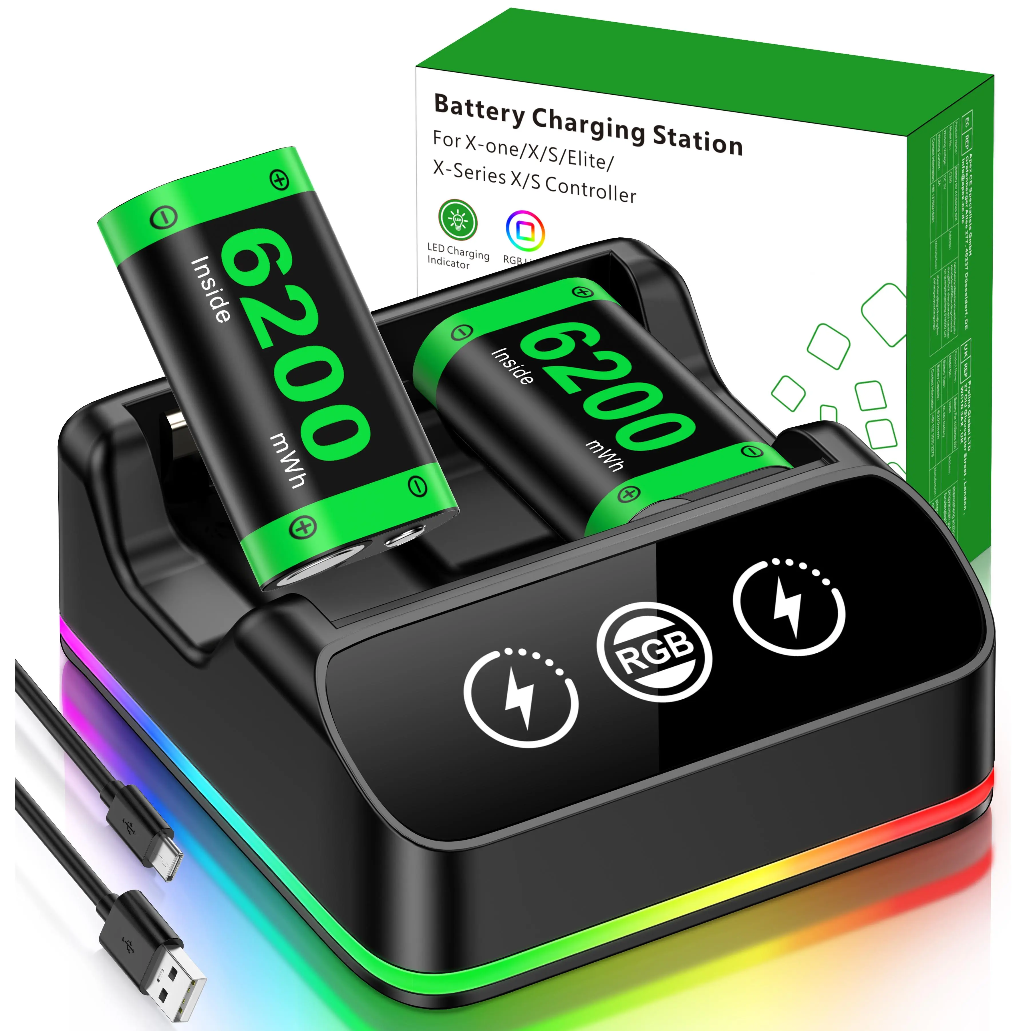 Xbox Controller Battery Pack, 2x6200mWh Rechargeable, Compatible with Xbox Series X|S, One, One Elite, S|X, USB Type C, Green, Minimalist Style