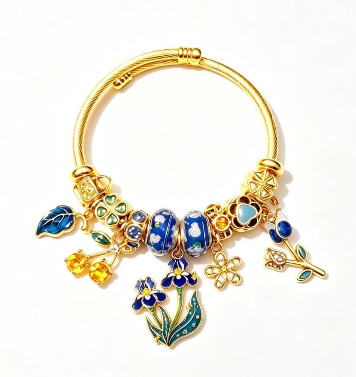 Vintage Blue Iris Floral Gold Cable Bangle, Enamel Flower Leaf Crystal Charms Twist Bracelet for Daily Vacation Wear