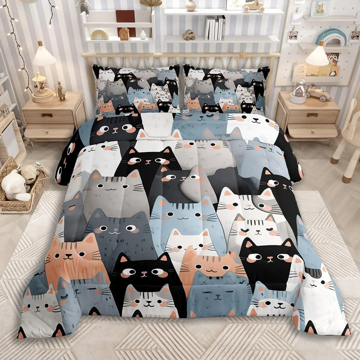 Cute Cat Print Comforter Set Cartoon Cats Bedding Set for Kids Boys Girls Kawai Animals Duvet Quilt Bedroom Decor Microfiber