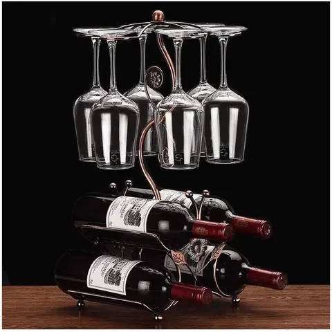 Iron Retro Round Base Wine Rack - 6 Wine Bottles Capacity, 6-Glass Holder, 10.24''(l)x10.24''(w)x18.9''(h), 2.53 lbs, Kitchenware Home Organizer for Kitchen Decor, Basement Storage