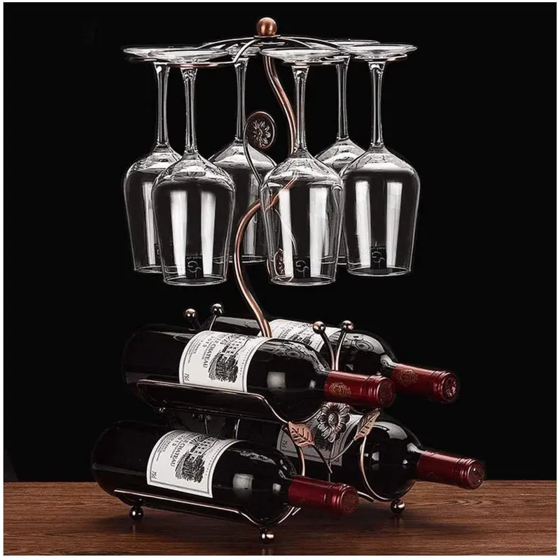 Iron Retro Round Base Wine Rack - 6 Wine Bottles Capacity, 6-Glass Holder, 10.24''(l)x10.24''(w)x18.9''(h), 2.53 lbs, Kitchenware Home Organizer for Kitchen Decor, Basement Storage