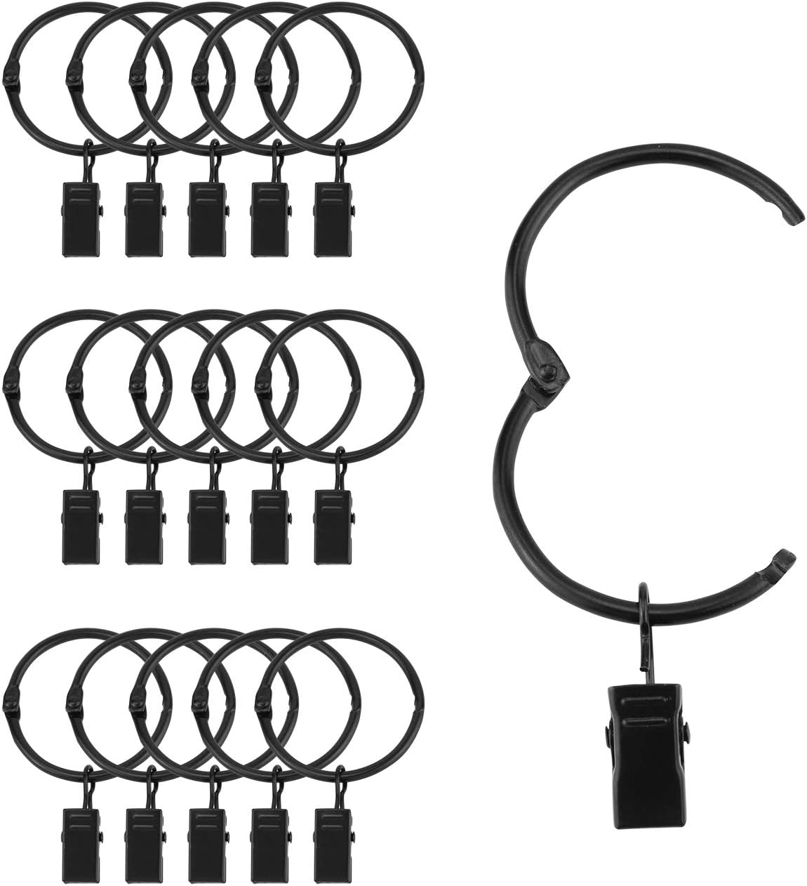 12/24/36 Pack Black Metal Shower Curtain Rings with Clips 1.26 Inch (3.2 cm) Interior Diameter, Fits up to 1.2 Inch Rods, Heavy-Duty Rustproof Decorative Vintage Eyelet Hangers for Drapery, Shower Curtains, Lights, Craft Projects, and Rod Hangers