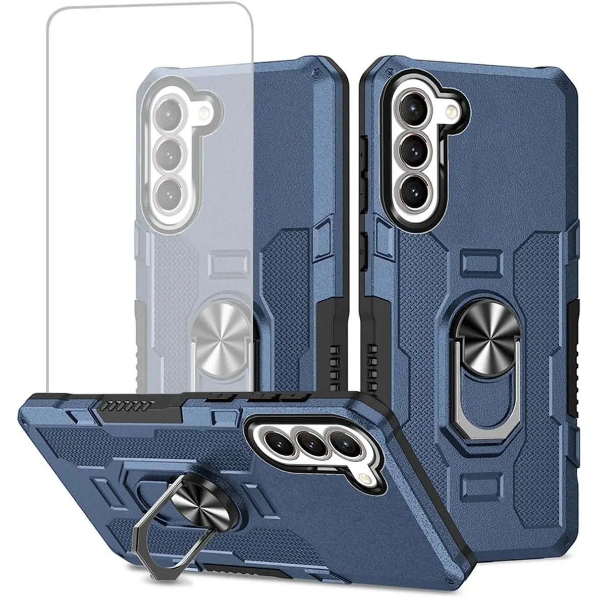 Case for Galaxy S24 FE Case,  S24 FE SM-S721U with Tempered Glass Screen Protector, Heavy Duty Protection with Metal Ring  Kickstand Phone Cover for  Galaxy S24 FE Blue