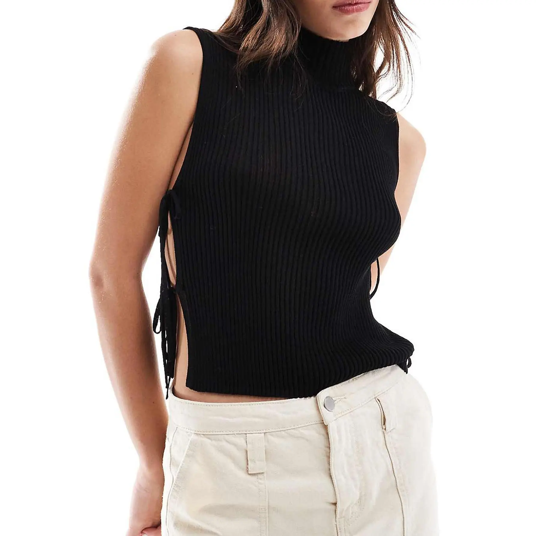 Women's Sleeveless Ribbed Knit High Neck Crop Top with Side Tie – Sexy Open Side Pullover Tank Top for Summer, Casual Streetwear Fashion Knitwear, Soft Stretchy Fitted Sweater Vest, Trendy Y2K Minimalist Solid Color Party Clubwear Top