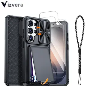 Vizvera for Samsung Galaxy S26/S25/S24 Ultra Case with Card Holder (4 Cards), RFID Theft-Proof, Sliding Camera Cover, Kickstand, Shockproof Protection + 2 Hydrogel Screen Protectors