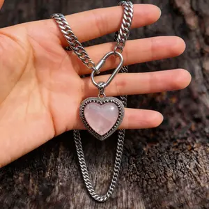 Paperclip Cuban Link Chain Necklace 20 inches with Healing Crystal Heart Pendant | Amethyst, Rose Quartz, Opal, Fluorite, Labradorite, Tiger’s Eye, Black Onyx | Perfect Mother’s Day Gift