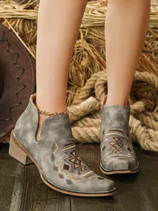 Western Style Aztec Embroidered Denim Short Boots, Cowgirl Western Boots, Vintage Square Toe Wood Grain Heel, American Chic Fashion Women's Shoes