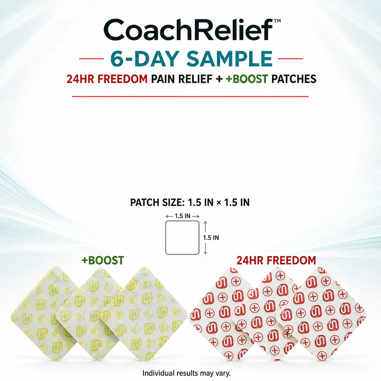 CoachRelief 6-Day Power Pack 3-days +24hr Freedom patch 3-days +Energy Boost Sample Pack, Last 24 hours Helping to calm Nerves and giving you Natural Relief