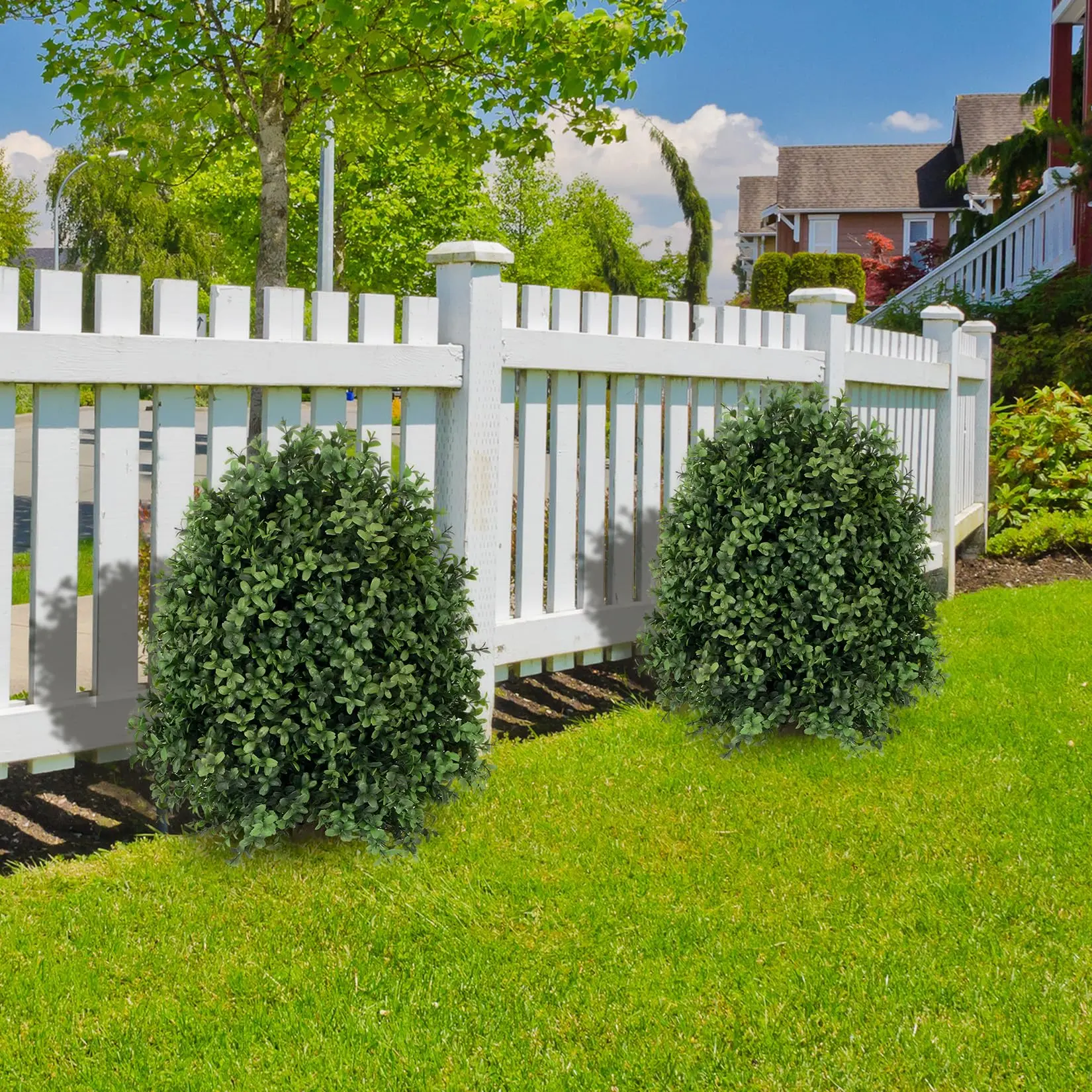 2-Pack PVC 27-Inch Boxwood Shaped Artificial Shrub, UV Resistant, 14-Inch Diameter with 6-Inch Ground Stake, Outdoor Decor, Low Maintenance, for Porch, Garden, Flower Box, Christmas Decoration