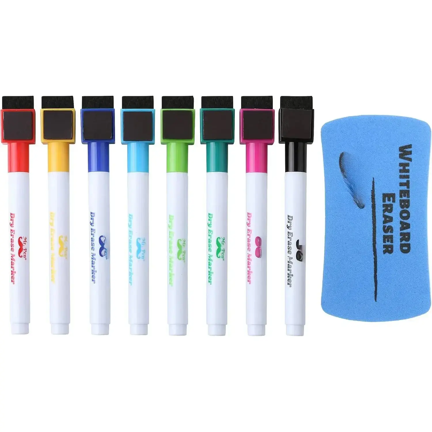 Magnetic Dry Erase Markers, 8-Pack Fine Tip Pens with 1 Magnetic Whiteboard Eraser, Eraser on Cap, Easy Clean for Office Stationery, Nonporous Surfaces Writing Tools
