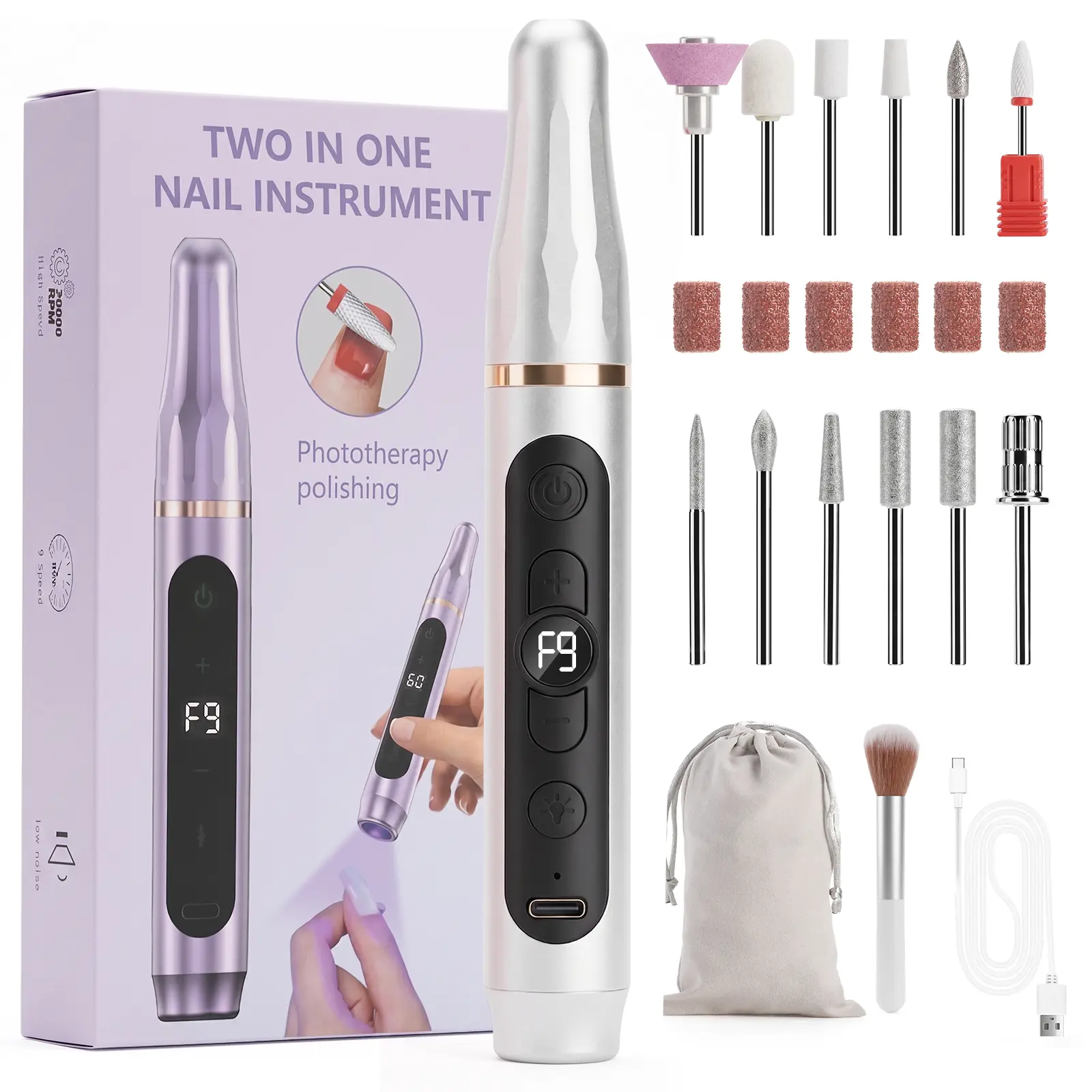 12-in-1 Professional Electric Nail Drill, Cordless Rechargeable Nail File for Acrylic Gel Nails, Portable E-File Manicure Pedicure Kit with Drill Bits