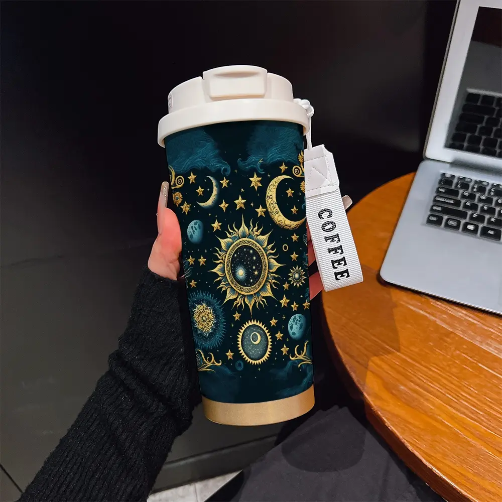 530ML Insulated Tumbler, Boho Style Abstract Pattern, Stainless Steel, Travel Mug with Straw and Strap, Ideal Gift for Holidays