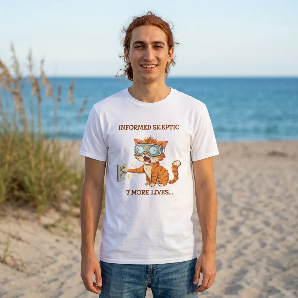 Sleeve Informed Skeptic Cat Tee | Unisex Classic Nerdy Knit Short-Original Funny Cat Prints, 7 More Lives, Oversized Drape Ribbed Apparel