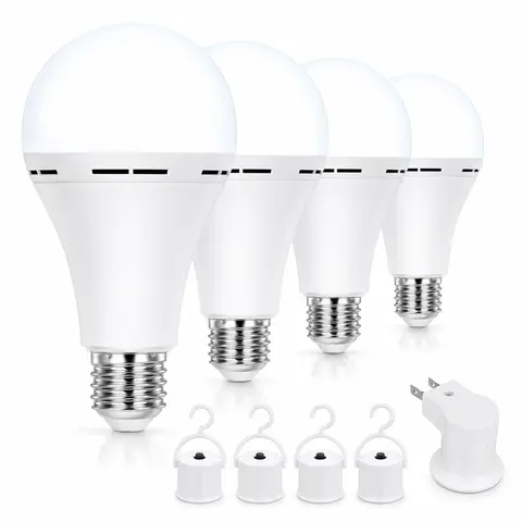 4 Pack Emergency-Rechargeable Light Bulb with Hook,Stay Lights Up When Power Failure, 1500mAh 12W 60W Equivalent LED Light Bulbs for Home, Camping, Hiking, Cool White summerwins