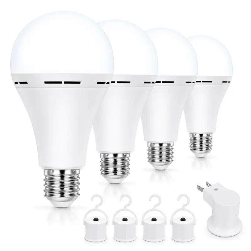 4 Pack Emergency-Rechargeable Light Bulb with Hook,Stay Lights Up When Power Failure, 1500mAh 12W 60W Equivalent LED Light Bulbs for Home, Camping, Hiking, Cool White summerwins