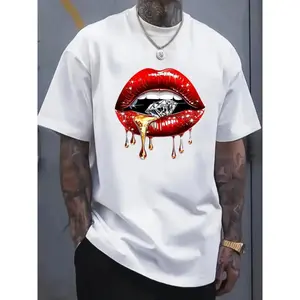 Men's Black Cotton T-Shirt with Red Lips & Diamond Print – Casual Summer Tee for Casual Attire, Machine Washable, Round Neck, Short Sleeve, Outdoor Clothing |         Stylish Casual Shirt |         Comfortable Knitwear ,Suitable for all seasons