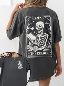 "Reader" Tarot Skeleton Nerd Style T-shirt, with esoteric art, Graphic, essential for dark academia fans and bookworms. Suitable for casual outings, literary events, gothic fashion looks. Features unique design with tarot elements