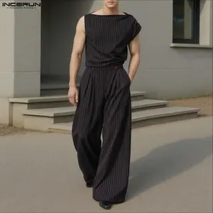 INCERUN Men's Summer Grecian Asymmetrical Draped Tank Top & Palazzo Pants Set, Retro Pinstripe Two-Piece for Resort, Cruise Party, Photoshoot, Loungewear