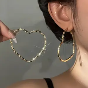 Alloy earrings, golden heart-shaped large earrings, earrings for women with pierced ears, daily wear gifts