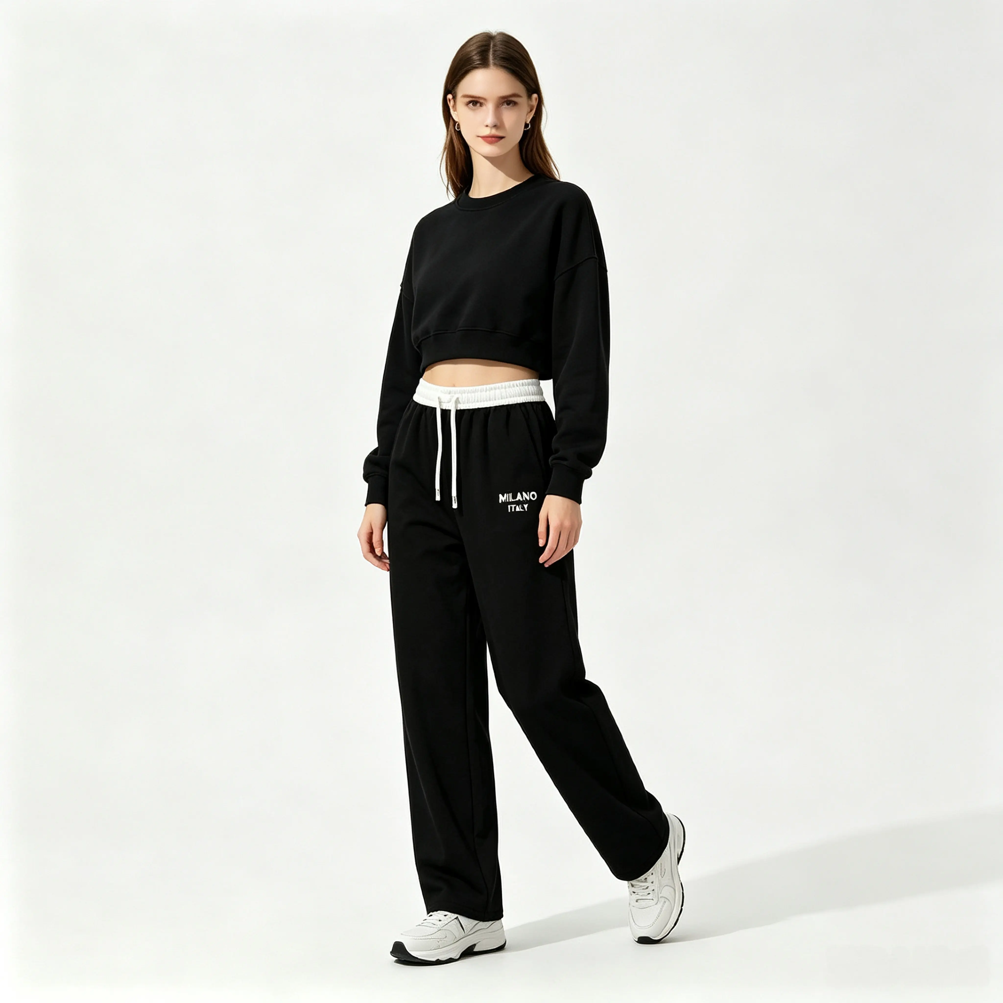 Women's High-Waisted Baggy Polyester Fiber Joggers - Spring/Antumn Casual Wear with Contrast Waistband, Fluid Drape, Wide-Leg Knit, Letter Print, Loose Straight-Cut Drawstring Floor-Length Athletic Pants, Baggy Sweatpants, High Waisted Pants