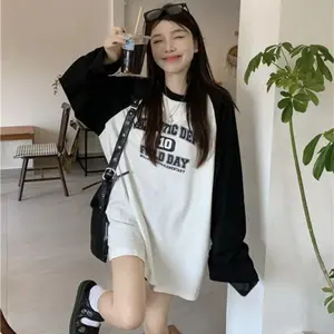 2025 Spring New Letter Contrast Patchwork T Shirts Long Sleeve Loose All-match Youth Casual Tops Tees  Vintage Women Clothing