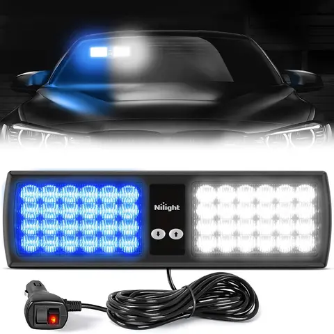Nilight 48-LED Windshield Light Bar - 48-led Intensity, 12-24v Design Fits Trucks and ATVs, 5730 SMD Power, 15 Flash Modes, Pattern Memory, Blue-White Illumination, Velcro Straps, ABS+PC Shell Resists Heat, Visor Interior Strobe Module