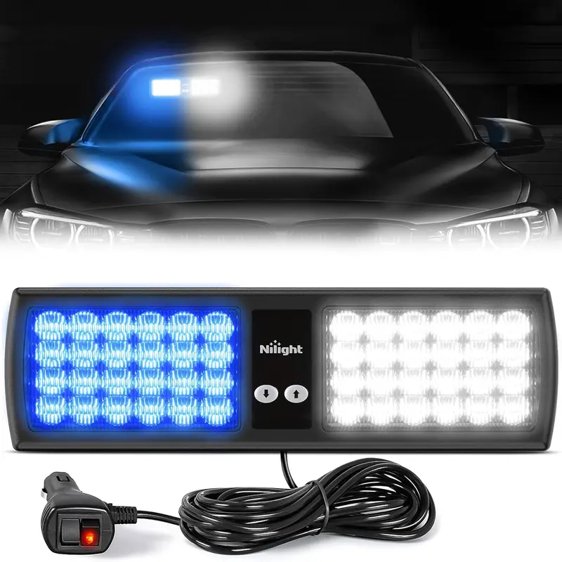 Nilight 48-LED Windshield Light Bar - 48-led Intensity, 12-24v Design Fits Trucks and ATVs, 5730 SMD Power, 15 Flash Modes, Pattern Memory, Blue-White Illumination, Velcro Straps, ABS+PC Shell Resists Heat, Visor Interior Strobe Module