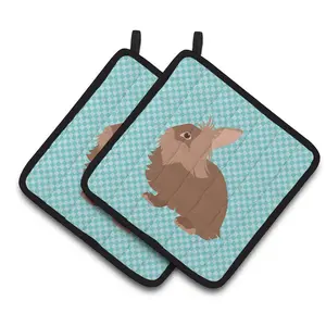 212 MAIN Colorful Lionhead Rabbit Blue Check Fabric Pot Holders, 2-Piece Hanging Insulated Heat-Resistant Kitchenware for Oven Use